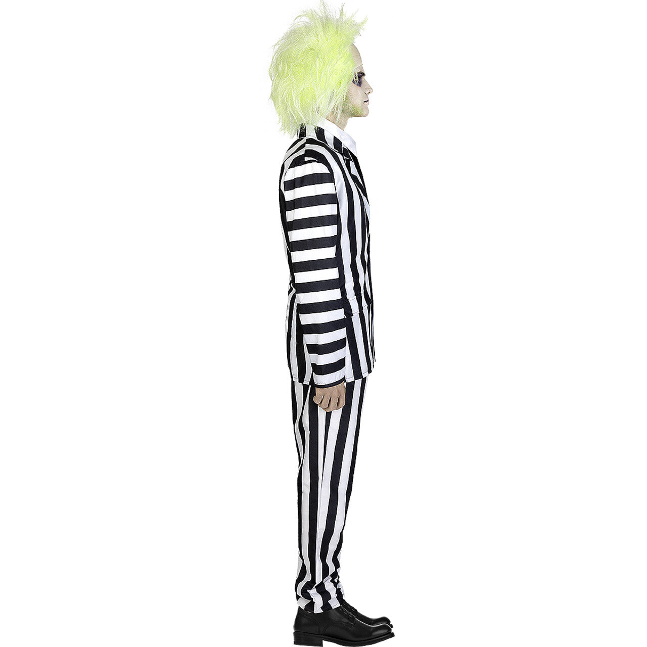 Op deze afbeelding zie je een Kostuums, van het merk Funidelia. Beetlejuice Gangster Zwart Wit Gestreept Man Kostuum
