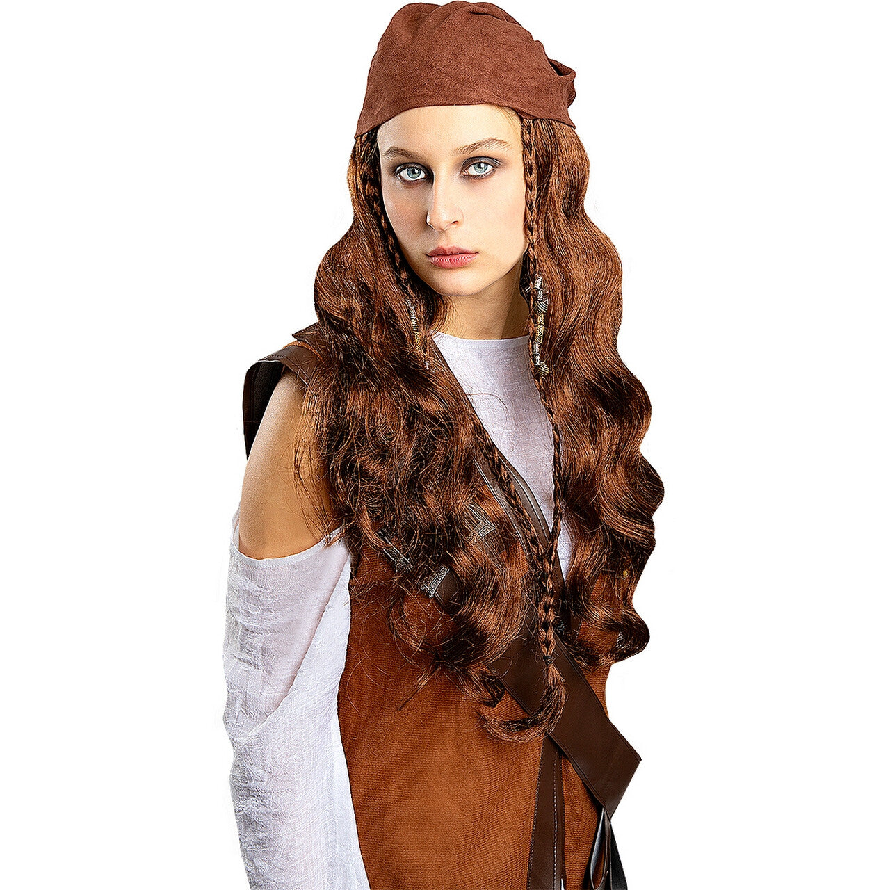 Op deze afbeelding zie je een Accessoires, van het merk Funidelia. Brown Pirate Wig For Women