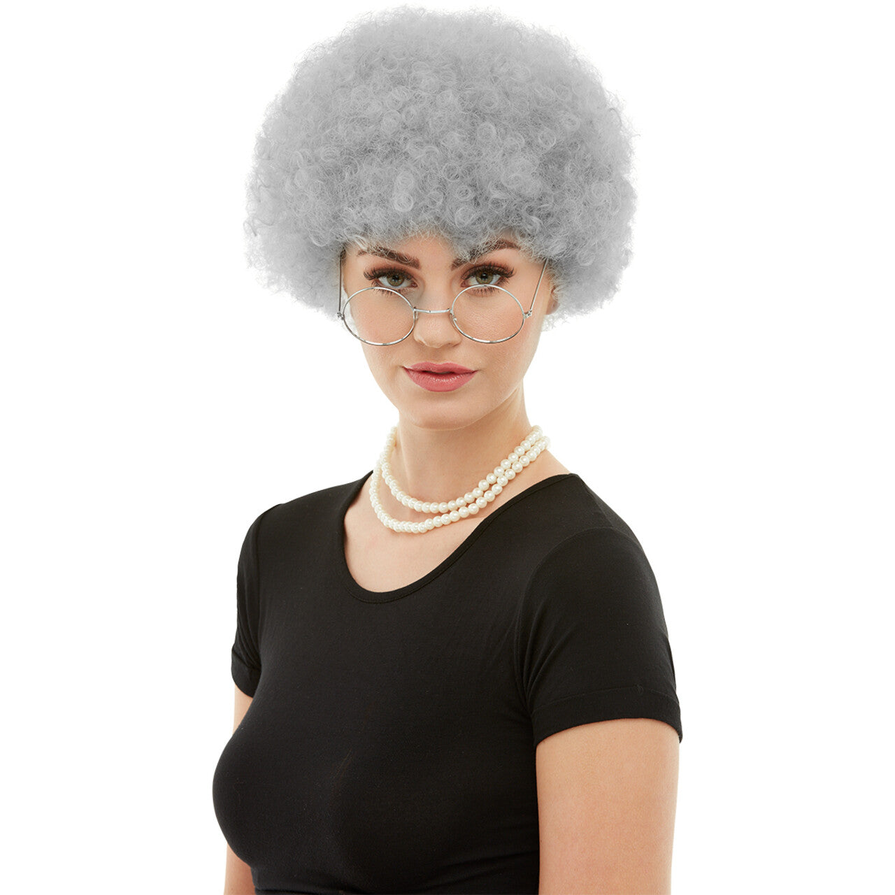 Op deze afbeelding zie je een Accessoires, van het merk Funidelia. Krullenpruik Oma Nel Grijs