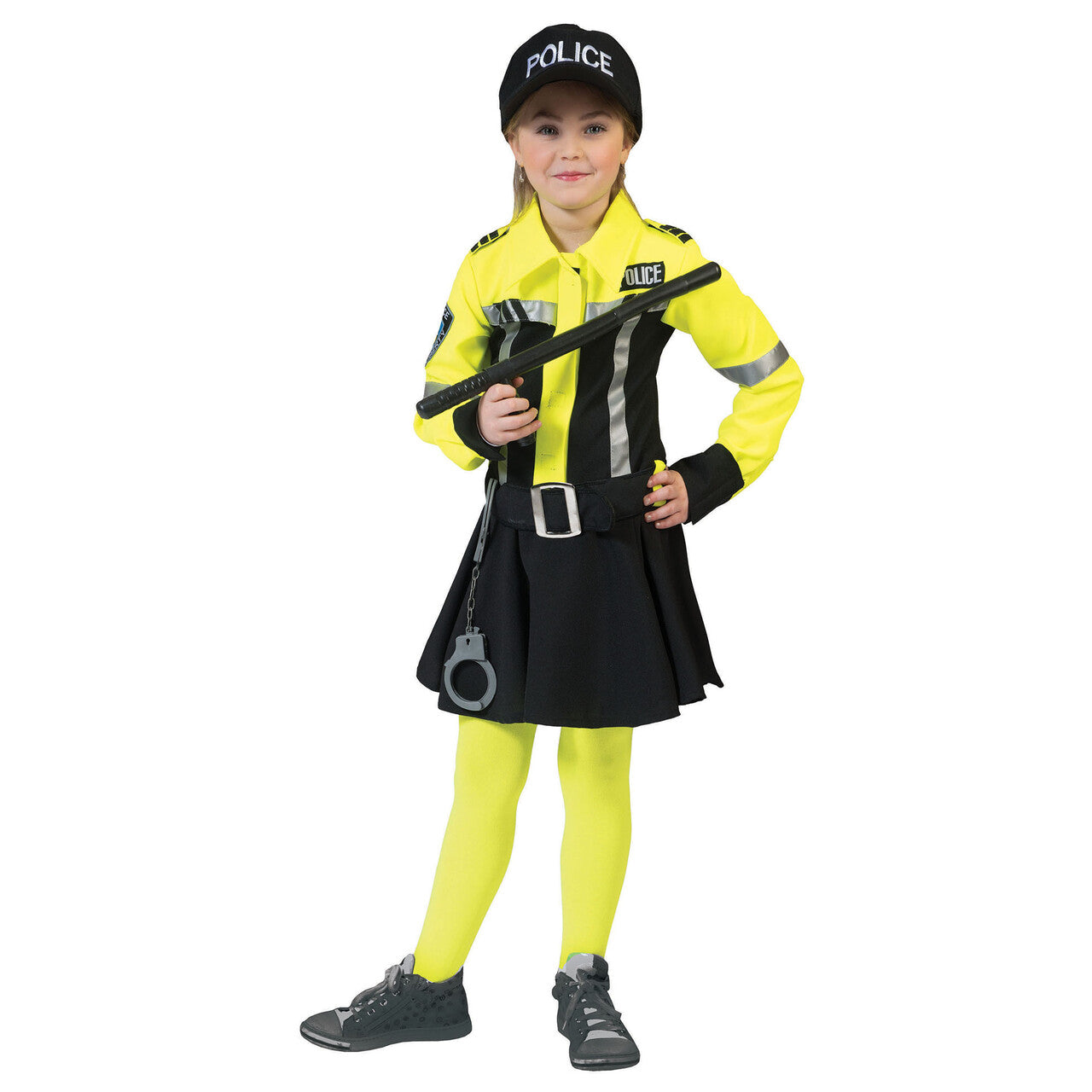 Op deze afbeelding zie je een Kostuums, van het merk Funny Fashion. Neon Geel Zwart Politie Kostuum Meisje