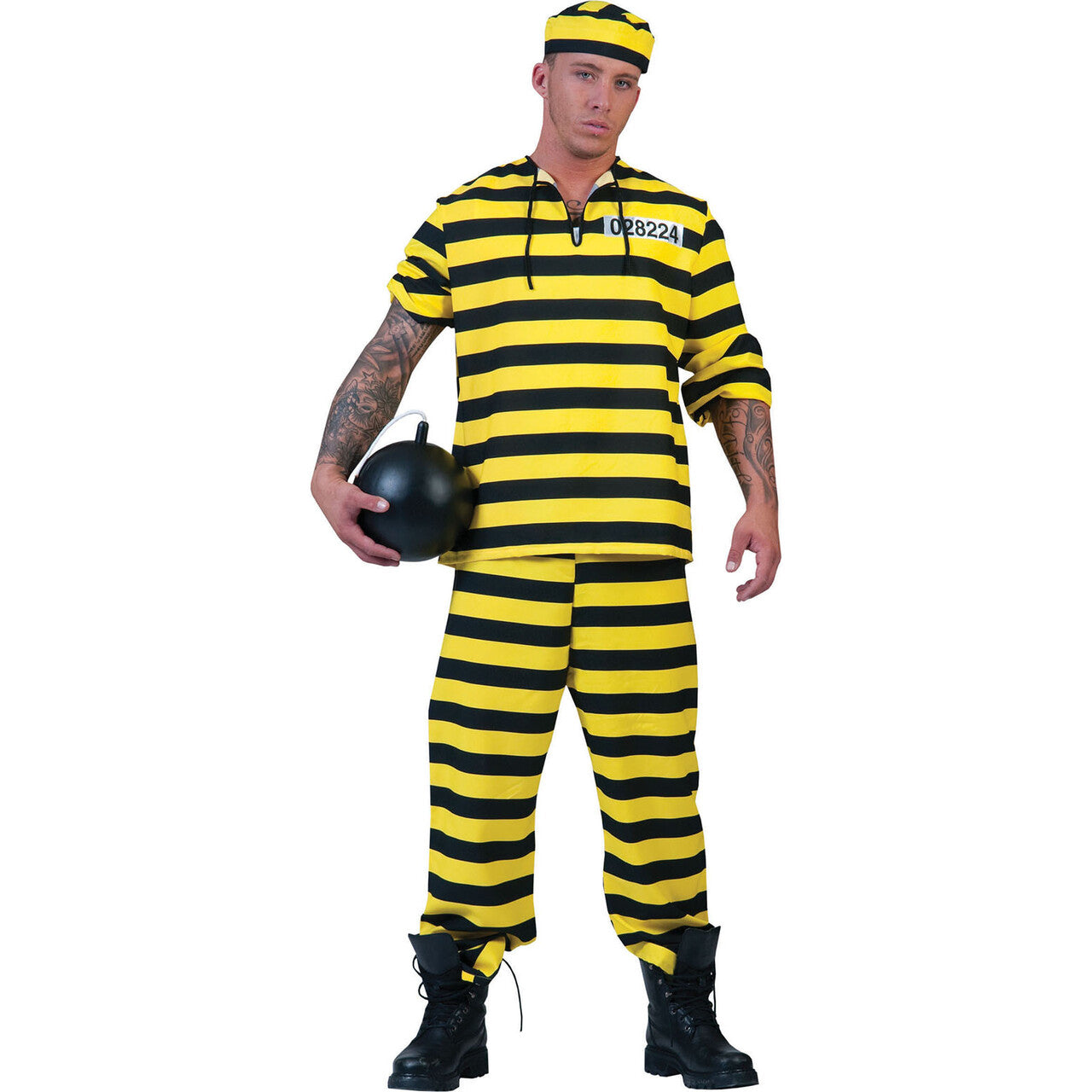 Op deze afbeelding zie je een Kostuums, van het merk Funny Fashion. Geel Zwart Gestreepte Gevangene Man Kostuum