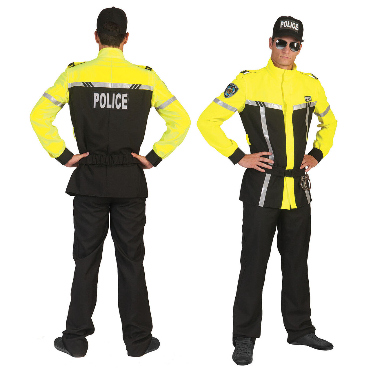 Op deze afbeelding zie je een Kostuums, van het merk Funny Fashion. Neon Geel Zwart Politie Kostuum Man