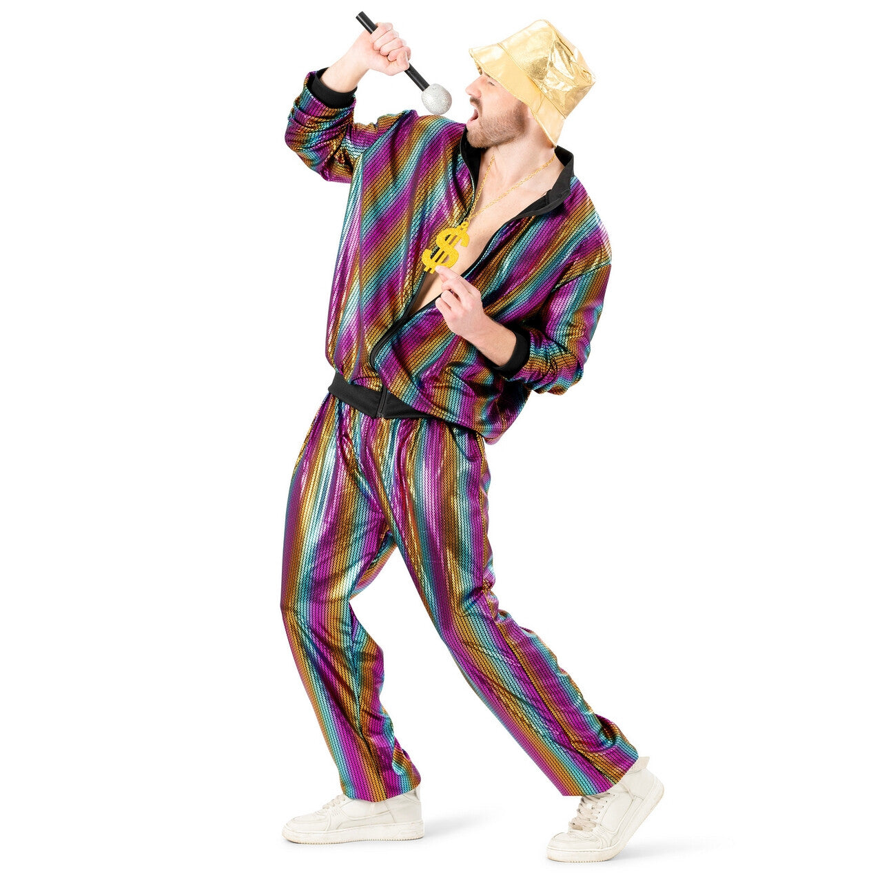 Op deze afbeelding zie je een Kostuums, van het merk Funny Fashion. Rainbow Jogging Man Kostuum