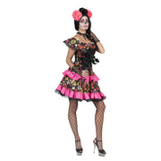 Op deze afbeelding zie je een Kostuums, van het merk Funny Fashion. Zwart Roze Day Of The Dead Muerto Miranda Vrouw Kostuum