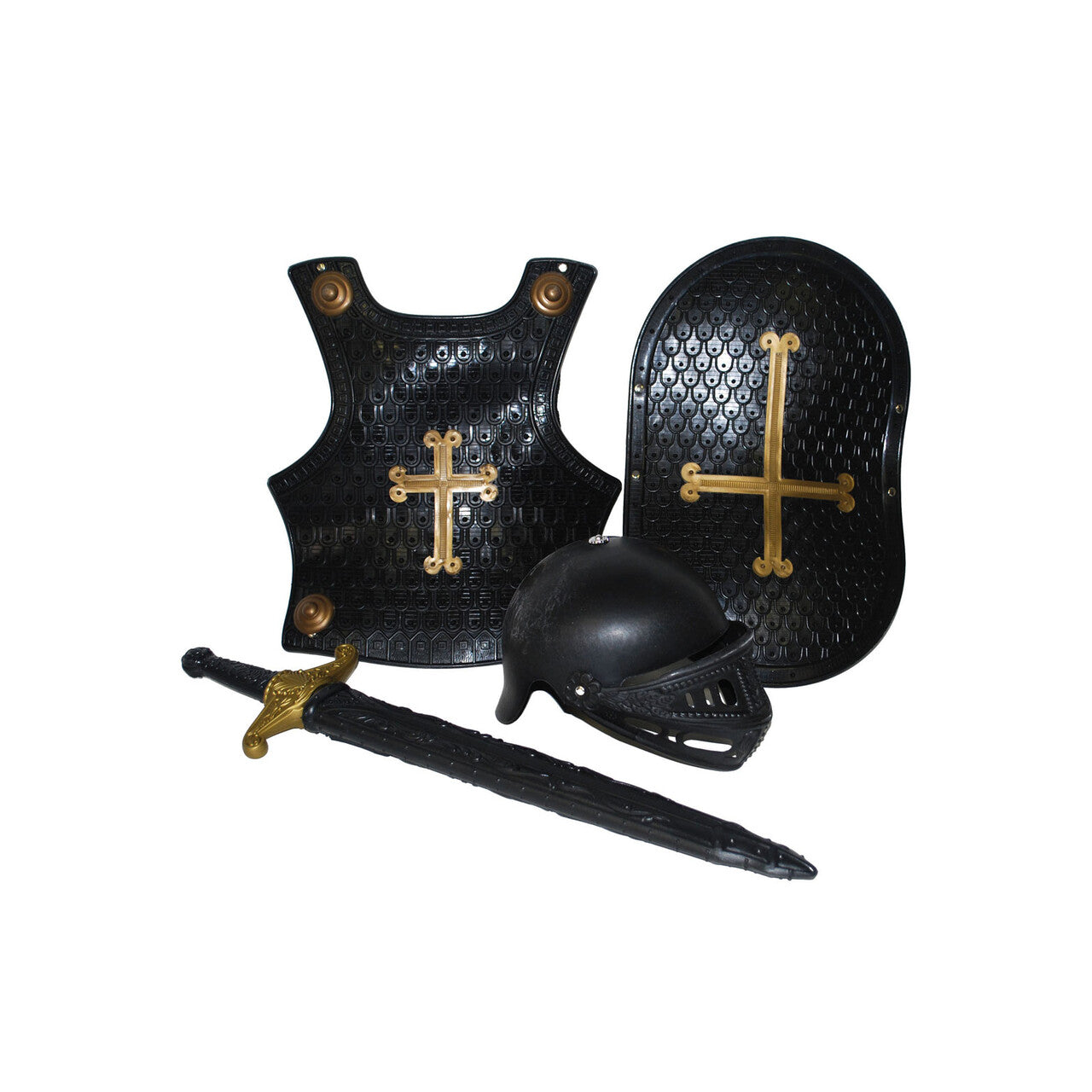Op deze afbeelding zie je een Accessoires, van het merk Funny Fashion. Duistere Ridder Set Kind 4 Delig Zwart