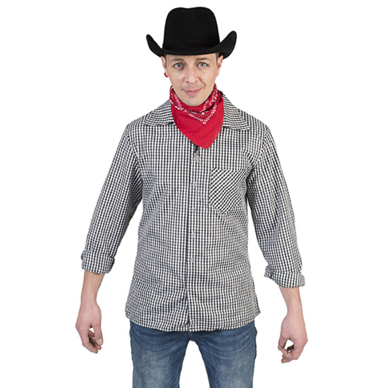 Op deze afbeelding zie je een Kostuums, van het merk Funny Fashion. Zwart Wit Ruitjes Shirt Cowboy Hank Man