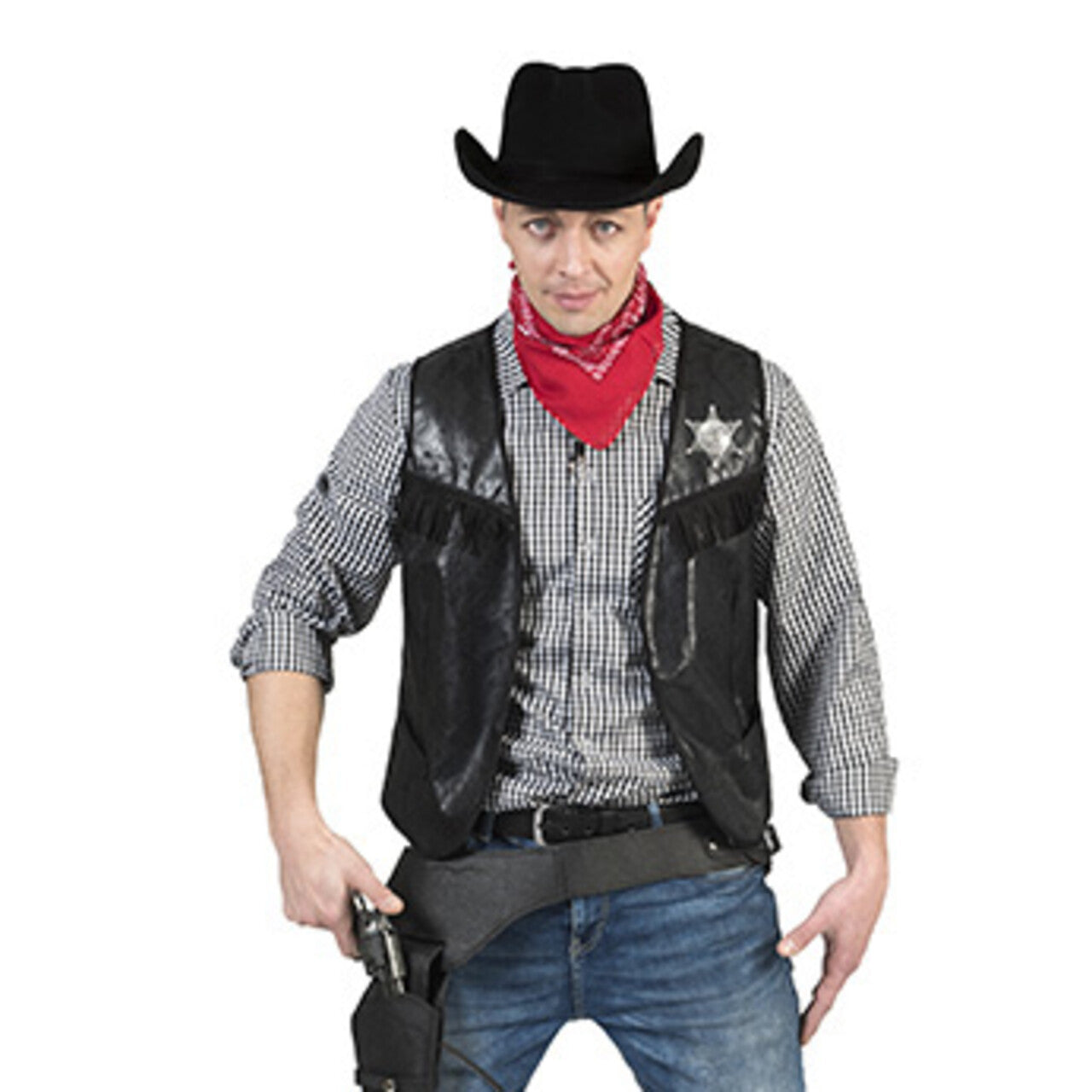 Op deze afbeelding zie je een Kostuums, van het merk Funny Fashion. Cowboy Knallen Maar Vest Zwart Man