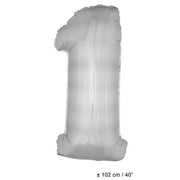 Op deze afbeelding zie je een Decoratie, van het merk Funny Fashion. Folie Cijfer Ballon Nummer 1 Zilver XL 102cm (Leeg)