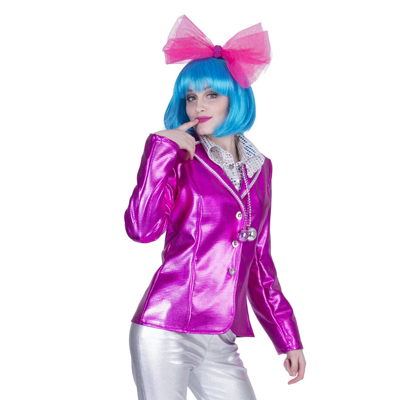Op deze afbeelding zie je een Kostuums, van het merk Funny Fashion. Disco Fever Jack Glimmend Roze Vrouw