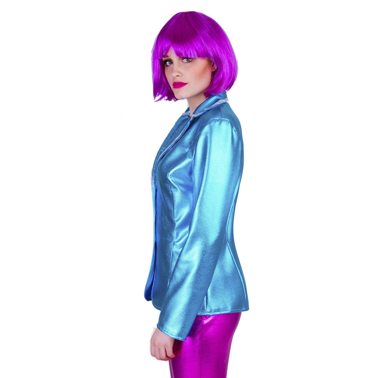 Op deze afbeelding zie je een Kostuums, van het merk Funny Fashion. Disco Fever Jack Glimmend Blauw Vrouw