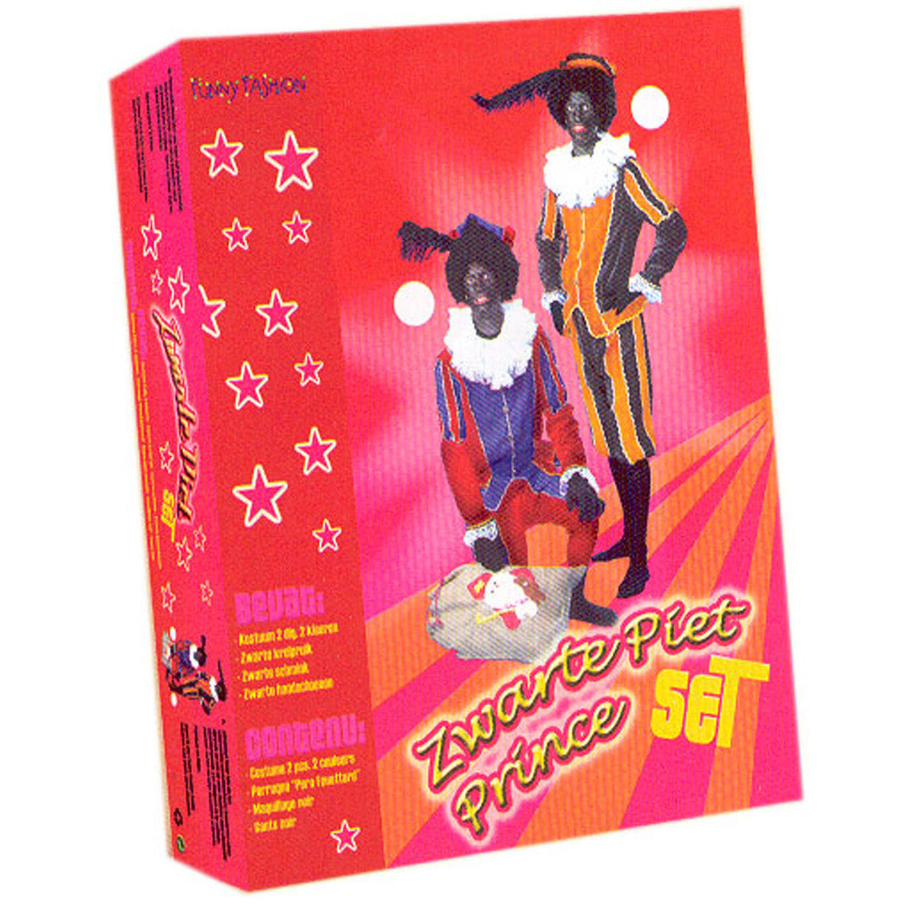 Op deze afbeelding zie je een Kostuums, van het merk Funny Fashion. Vierdelige Zwarte Piet Set Geel Zwart Kostuum