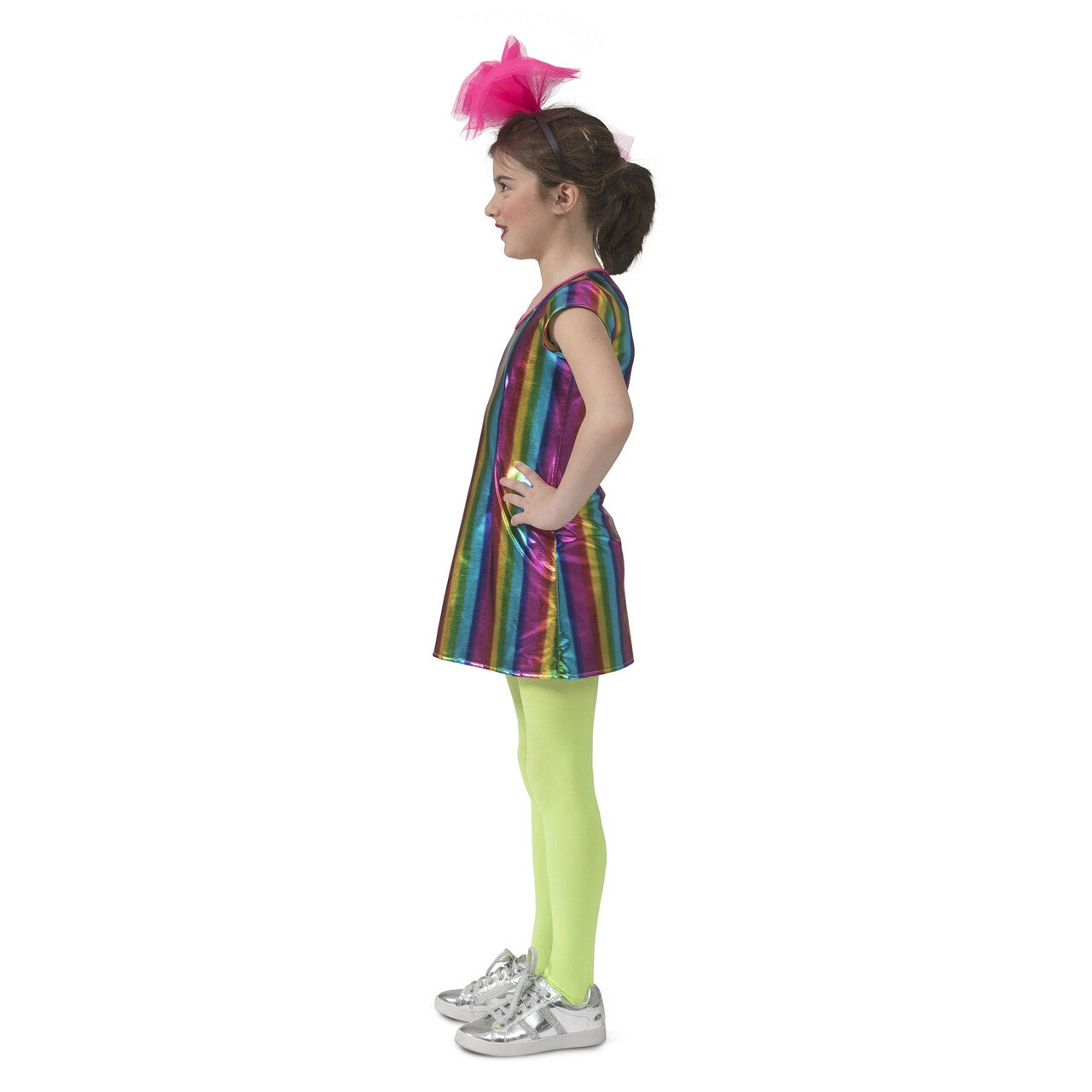 Op deze afbeelding zie je een Kostuums, van het merk Funny Fashion. Metallic Glanzende Regenboog Jaren 80 Meisje Kostuum