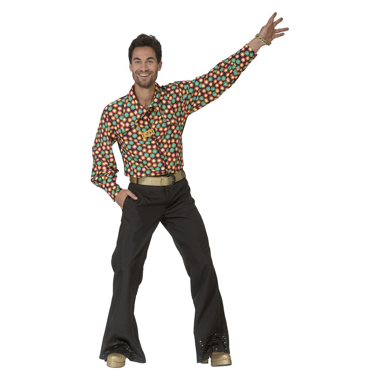 Op deze afbeelding zie je een Kostuums, van het merk Funny Fashion. Fluor Flower Power Goes Disco Shirt Man