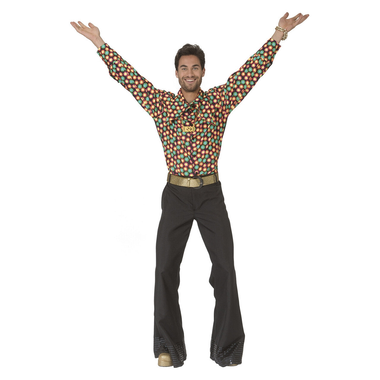 Op deze afbeelding zie je een Kostuums, van het merk Funny Fashion. Fluor Flower Power Goes Disco Shirt Man