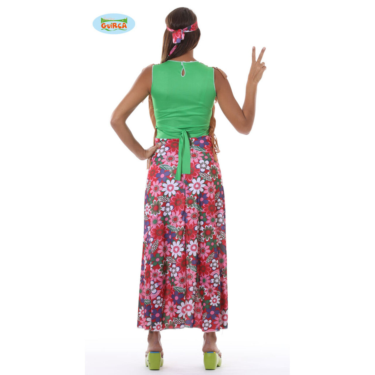 Op deze afbeelding zie je een Kostuums, van het merk Guirca. Bloemrijk Happy Hippie Vrouw Kostuum