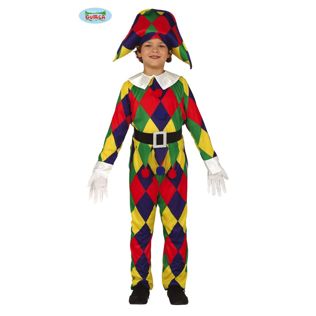 Op deze afbeelding zie je een Kostuums, van het merk Guirca. Geruite Harlekijn Vrolijke Kleuren Kind Kostuum