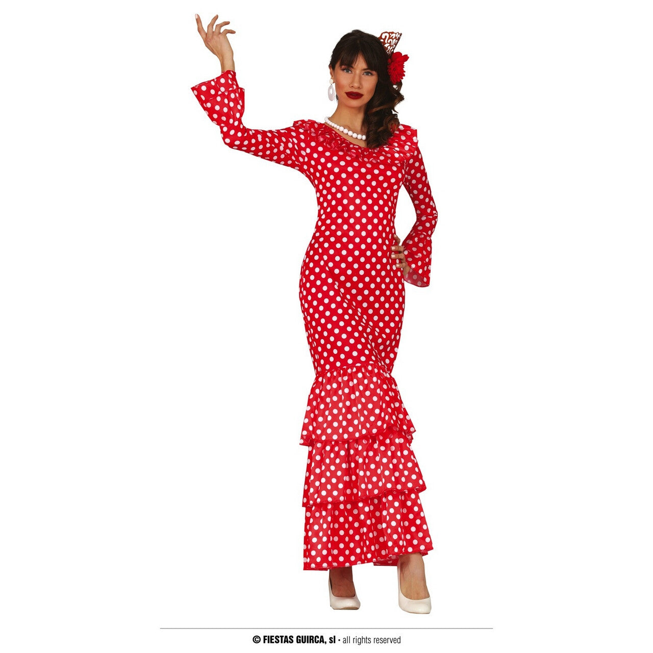 Op deze afbeelding zie je een Kostuums, van het merk Guirca. Rode Vurige Flamenco Danseres Met Stippen Vrouw Kostuum