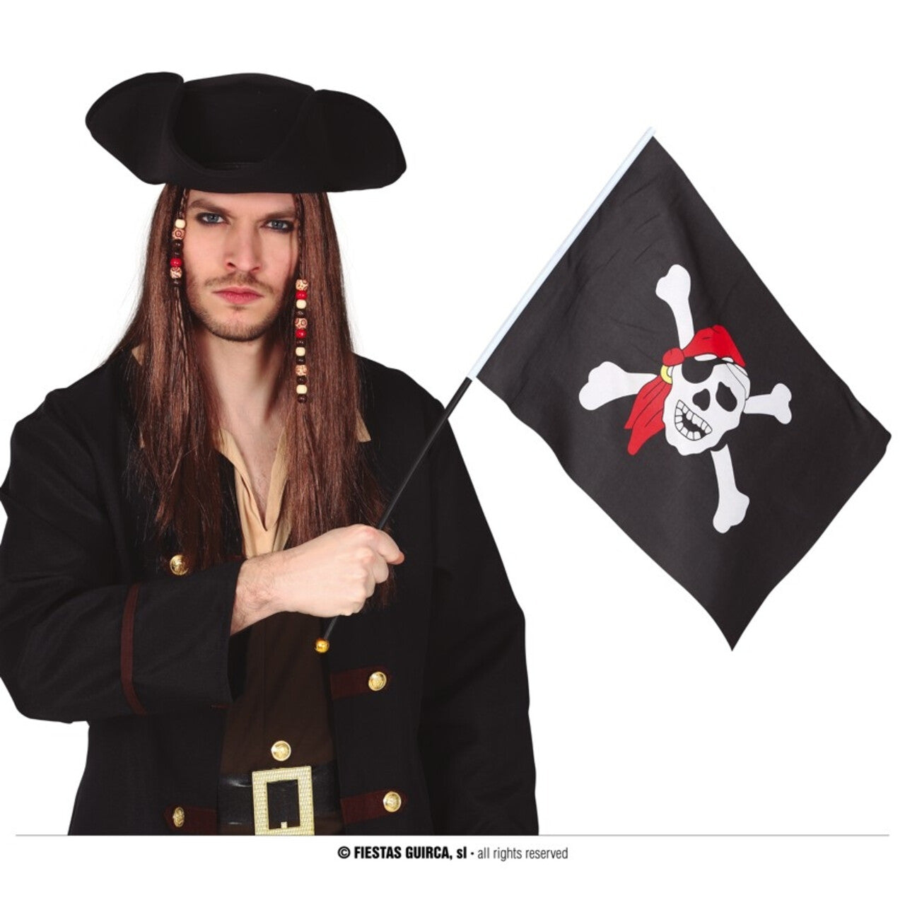 Op deze afbeelding zie je een Decoratie, van het merk Guirca. Zwarte Piratenvlag Met Doodshoofd 42 X 30 Centimeter