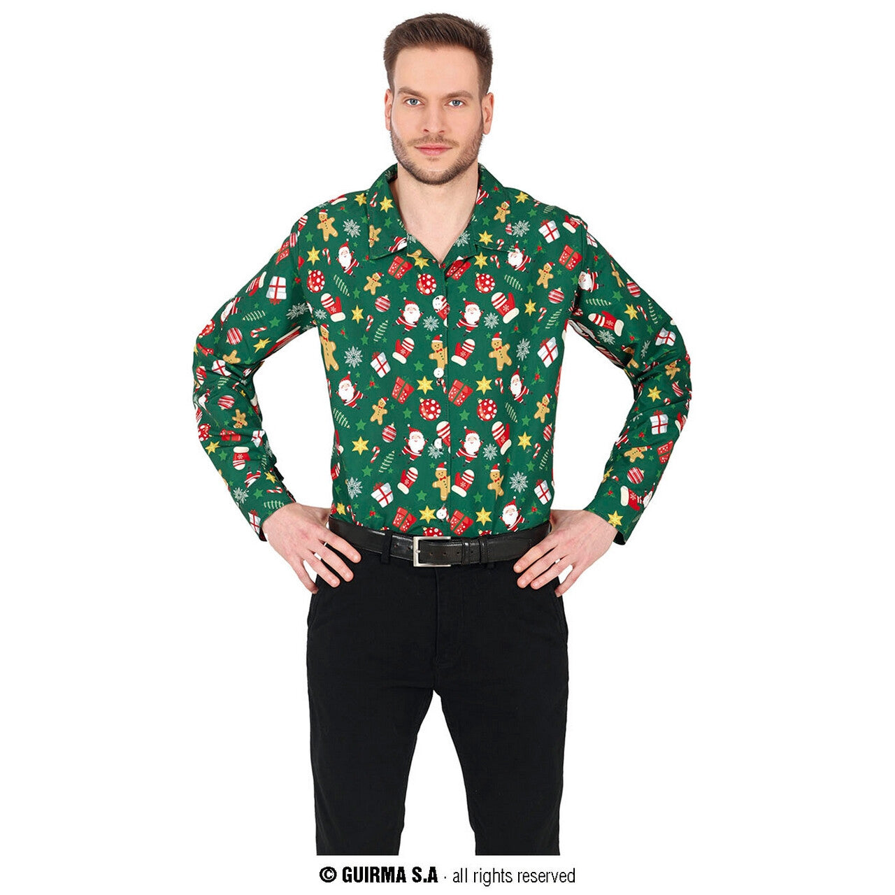 Op deze afbeelding zie je een Kostuums, van het merk Guirma. Overhemd Happy Merry Xmas Groen Man