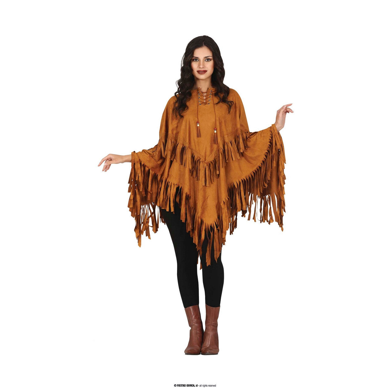 Op deze afbeelding zie je een Kostuums, van het merk Guirca. Bruine Indianenponcho Met Veel Franjes
