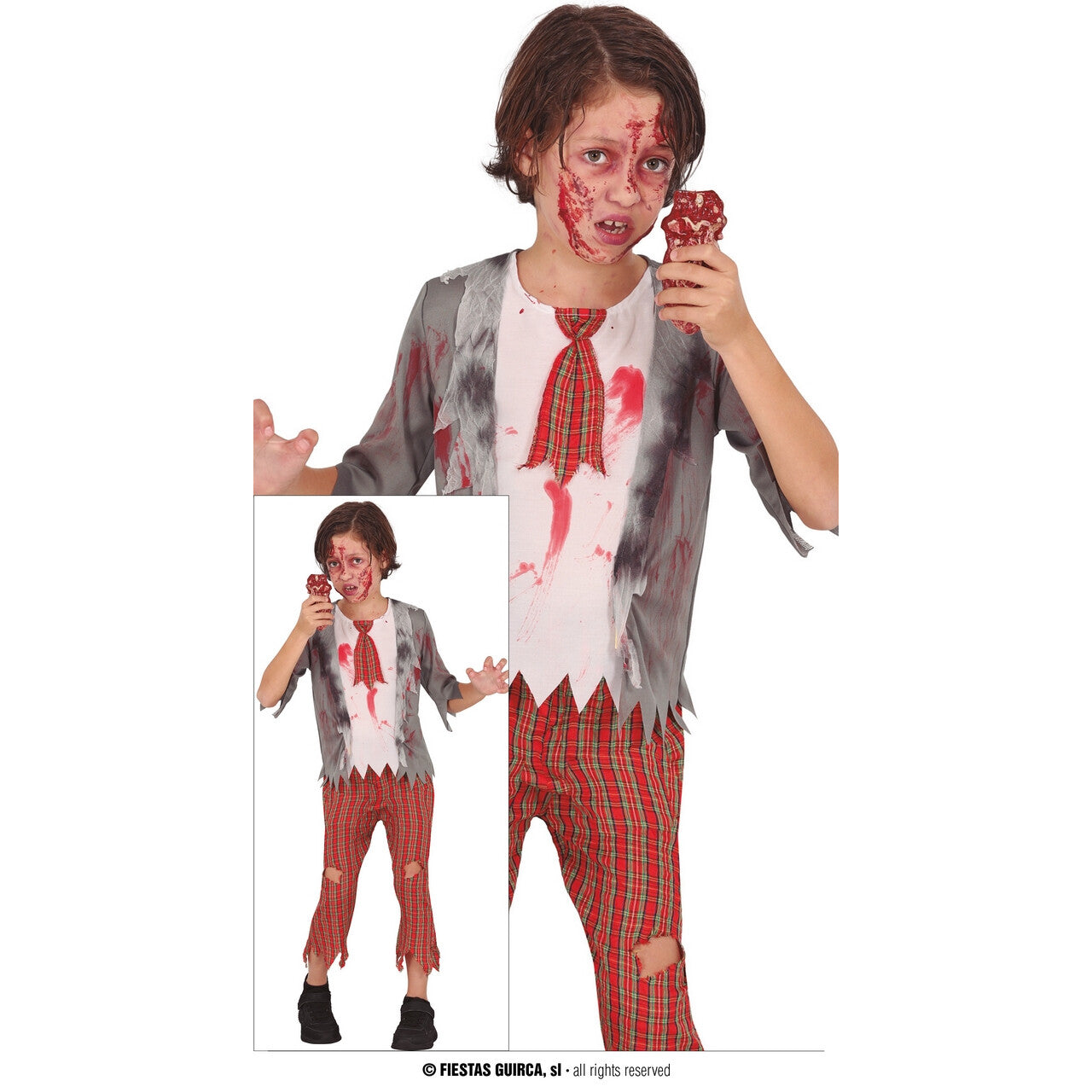 Op deze afbeelding zie je een Kostuums, van het merk Guirca. Hongerige Zombie Scholier Jongen Kostuum