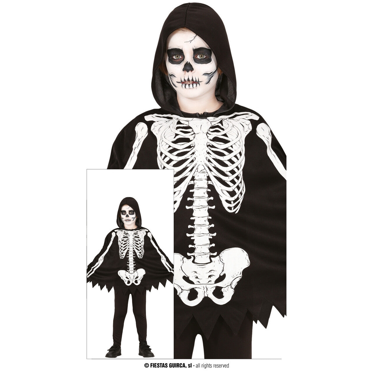 Op deze afbeelding zie je een Kostuums, van het merk Guirca. Creepy Skelet Poncho Kind Kostuum