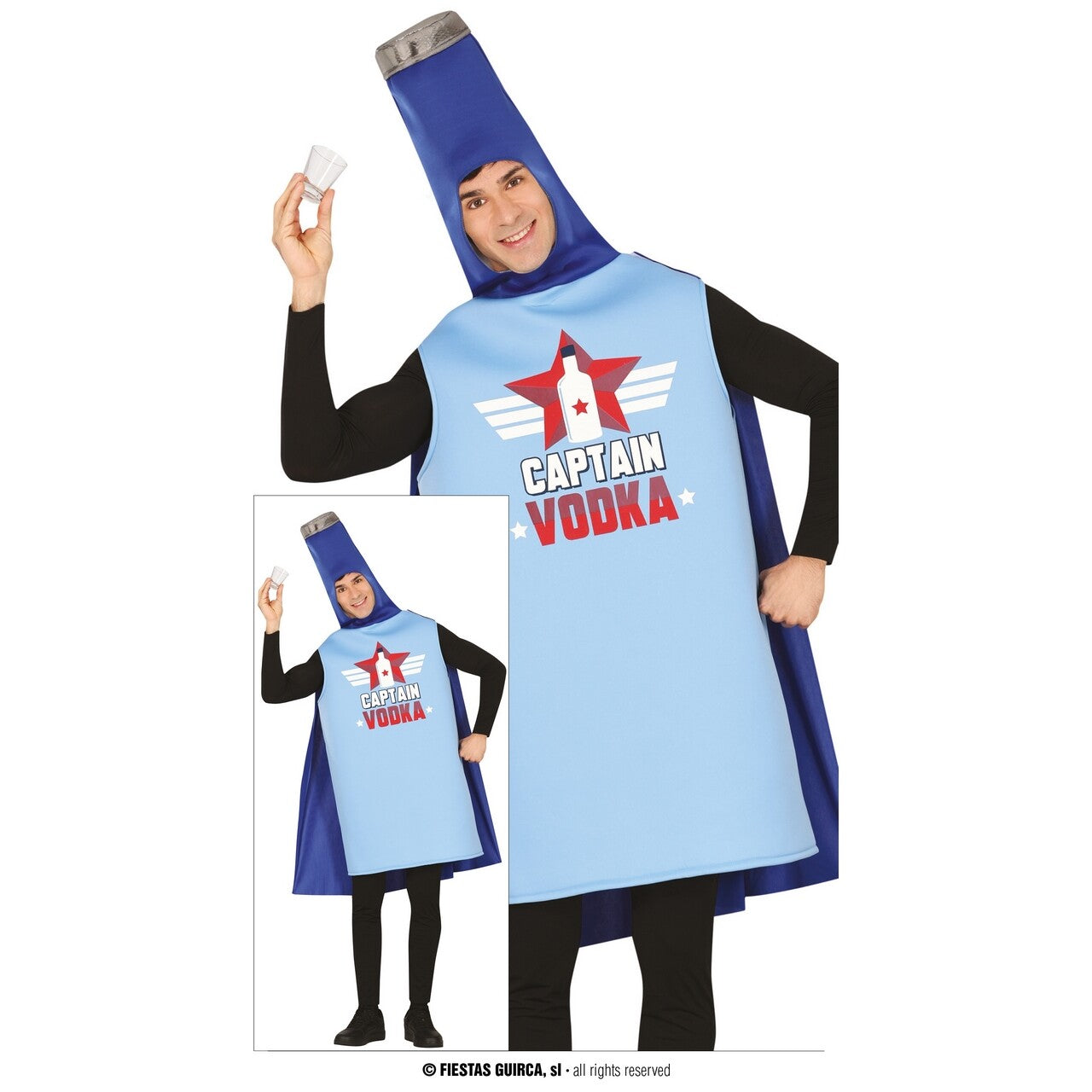 Op deze afbeelding zie je een Kostuums, van het merk Guirca. Captain Vodka Fles Man Kostuum