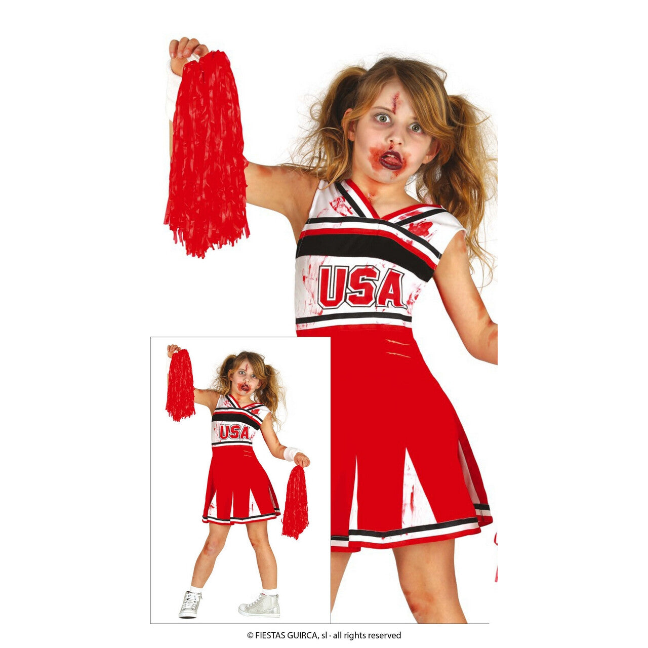 Op deze afbeelding zie je een Kostuums, van het merk Guirca. USA Cheerleader Van Zombie Ball Team Meisje Kostuum