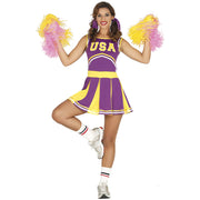 Op deze afbeelding zie je een Kostuums, van het merk Guirca. Cheerleader USA Paars Geel Vrouw Kostuum