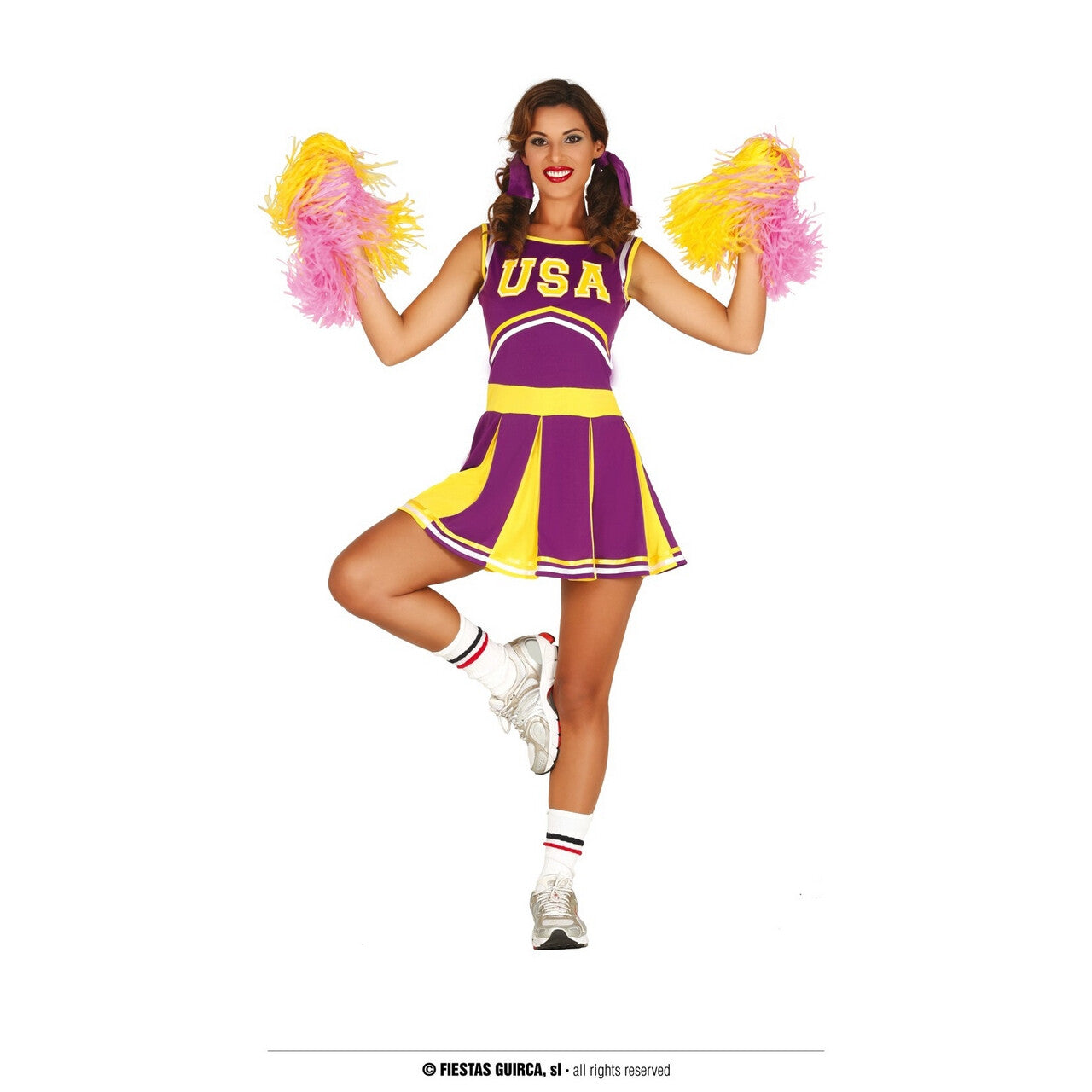 Op deze afbeelding zie je een Kostuums, van het merk Guirca. Cheerleader USA Paars Geel Vrouw Kostuum