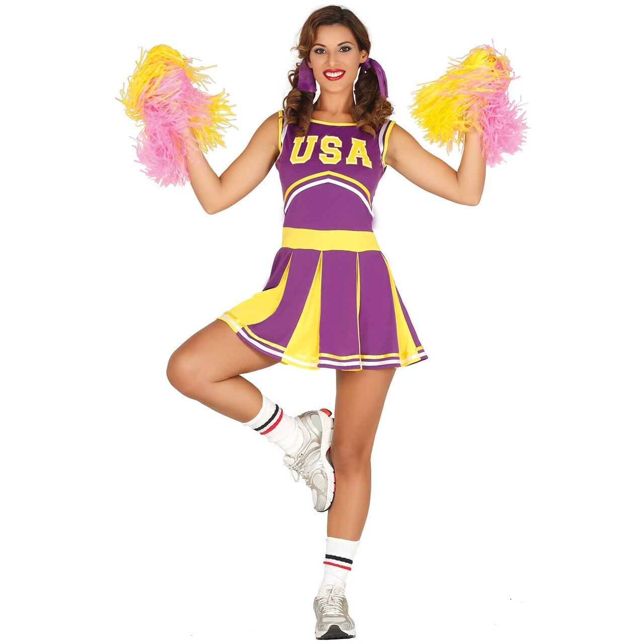 Op deze afbeelding zie je een Kostuums, van het merk Guirca. Cheerleader USA Paars Geel Vrouw Kostuum
