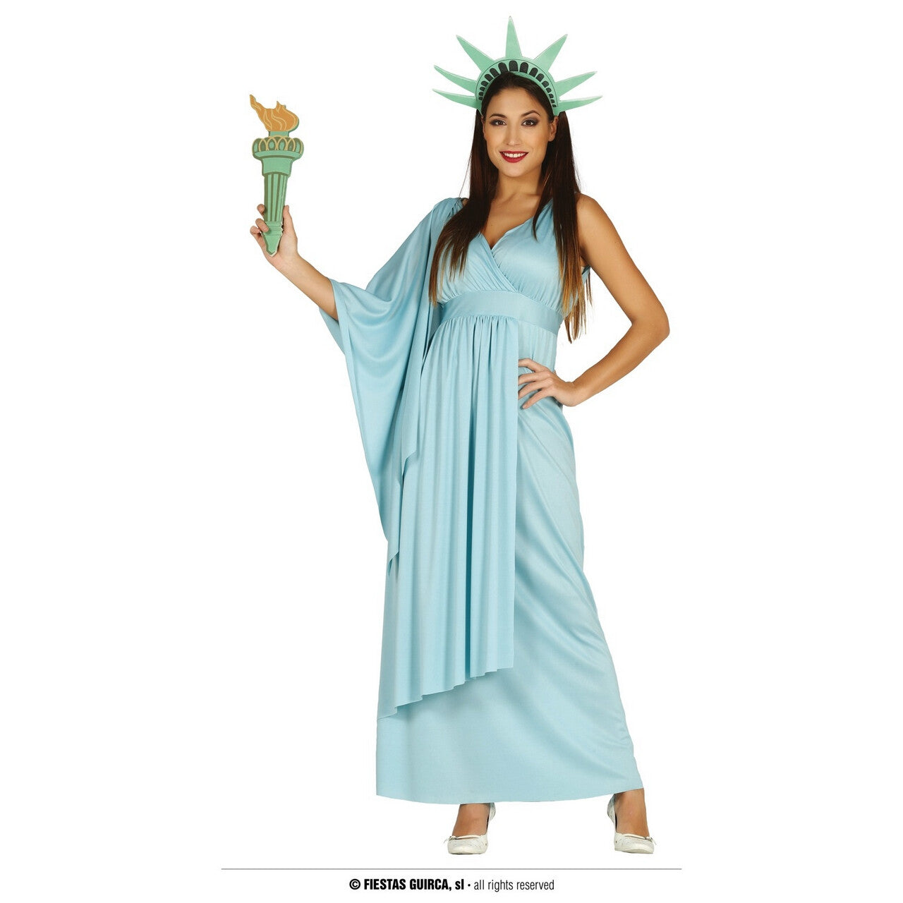 Op deze afbeelding zie je een Kostuums, van het merk Guirca. Vrijheidsbeeld Vrouwe Liberty Kostuum