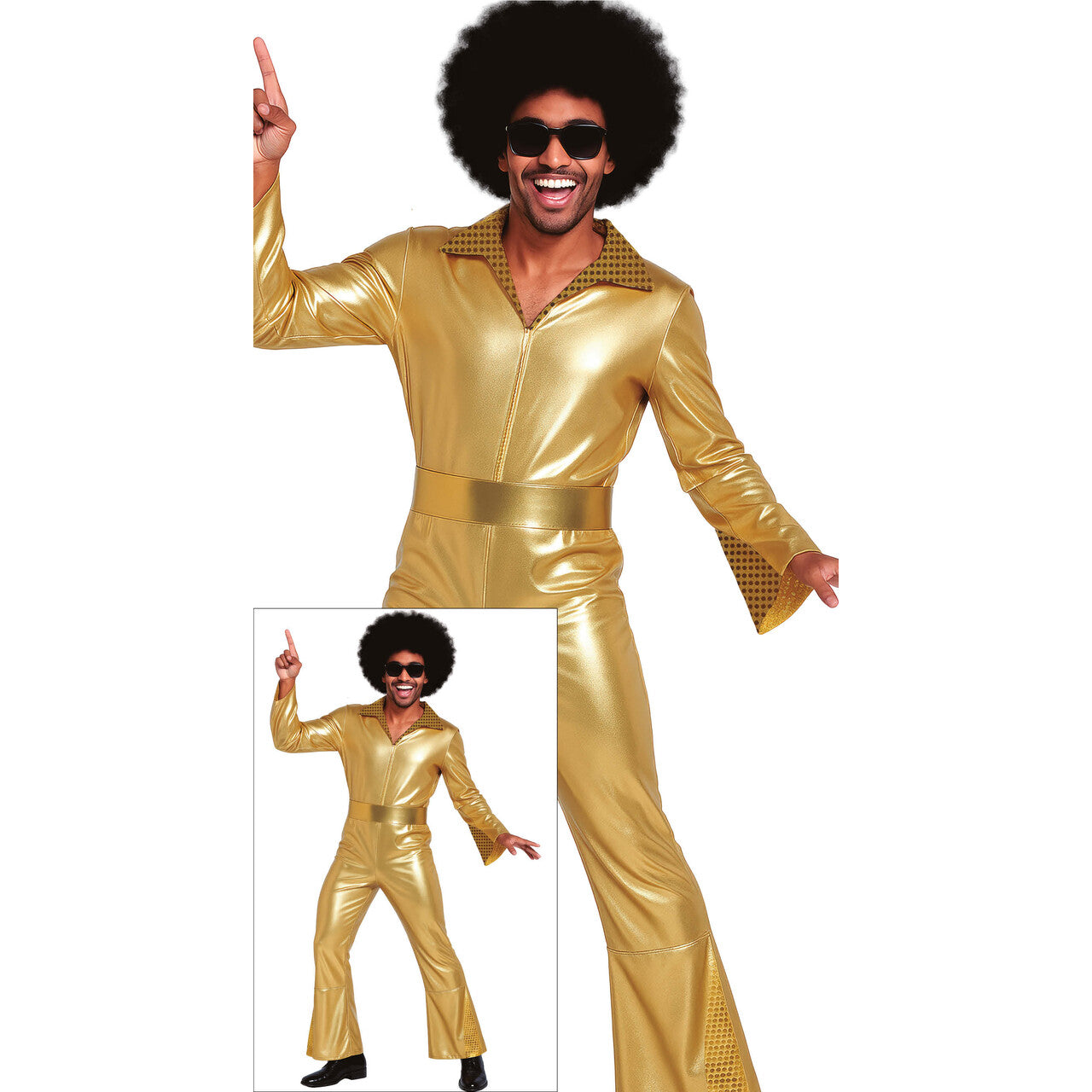 Op deze afbeelding zie je een Kostuums, van het merk Guirca. Gouden 80s Jumpsuit Disco Daddy Man Kostuum
