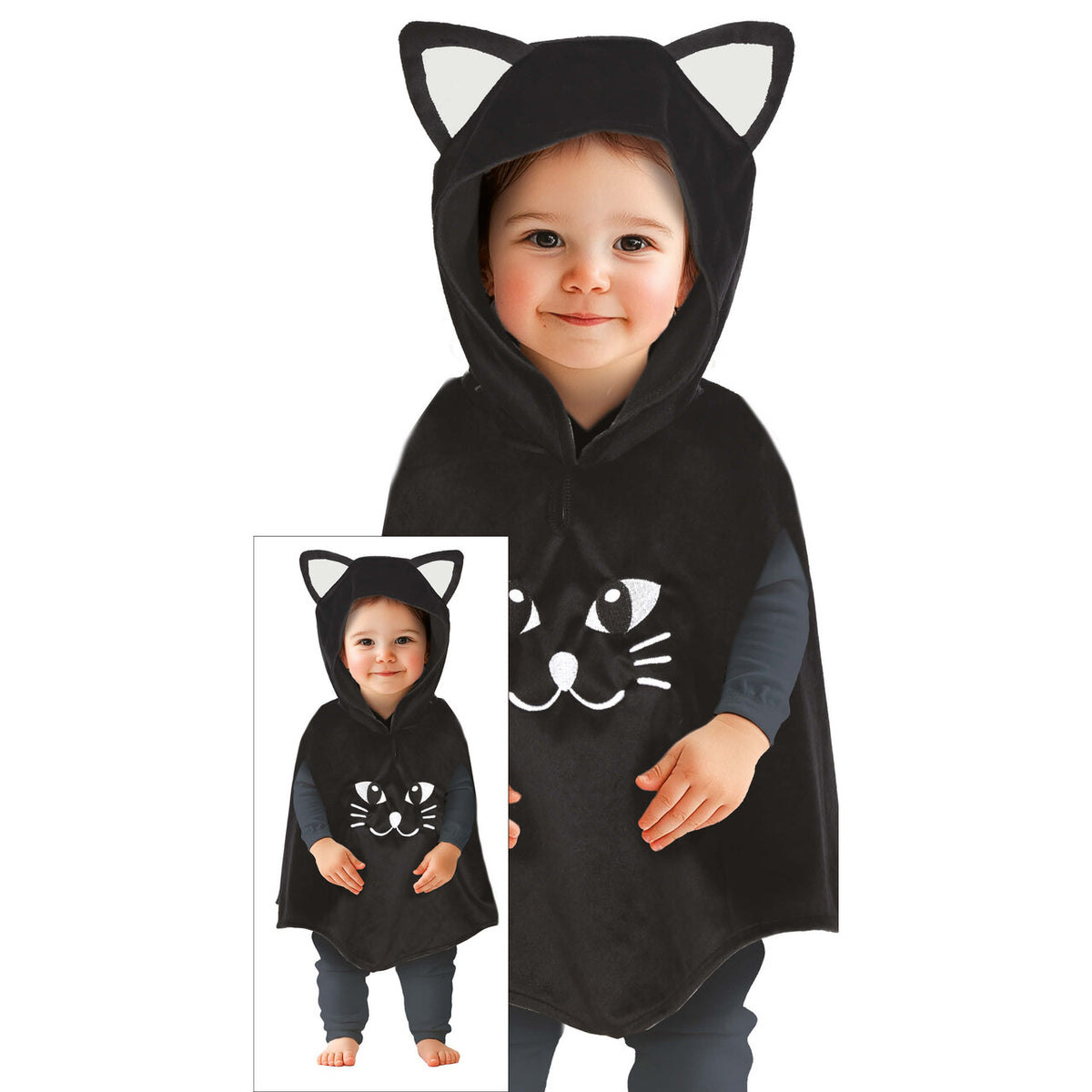 Op deze afbeelding zie je een Kostuums, van het merk Guirca. Zwart Katje Poncho Kind Kostuum
