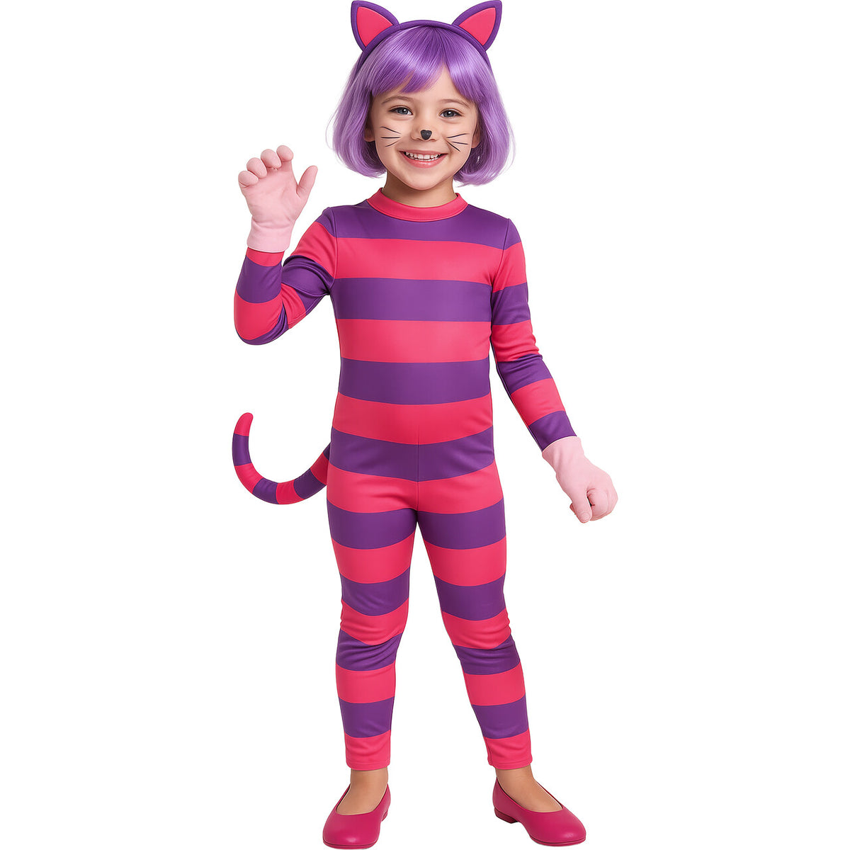 Op deze afbeelding zie je een Kostuums, van het merk Guirca. Alice In Wonderland Cheshire Cat Meisje