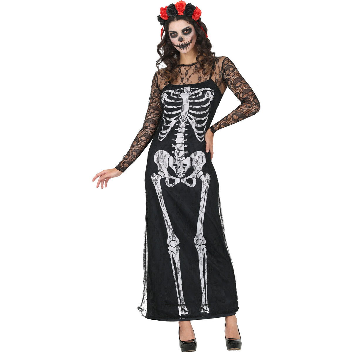 Op deze afbeelding zie je een Kostuums, van het merk Guirca. Día De Los Muertos Skeleton Vrouw Kostuum