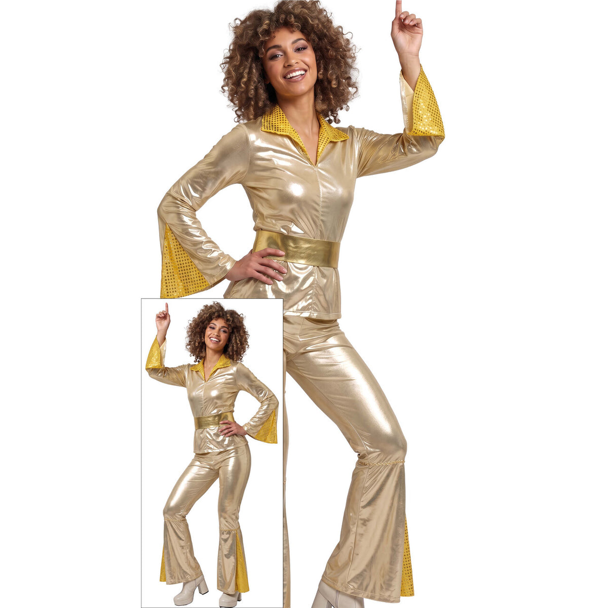Op deze afbeelding zie je een Kostuums, van het merk Guirca. 70S Golden Dancing Queen Vrouw Kostuum
