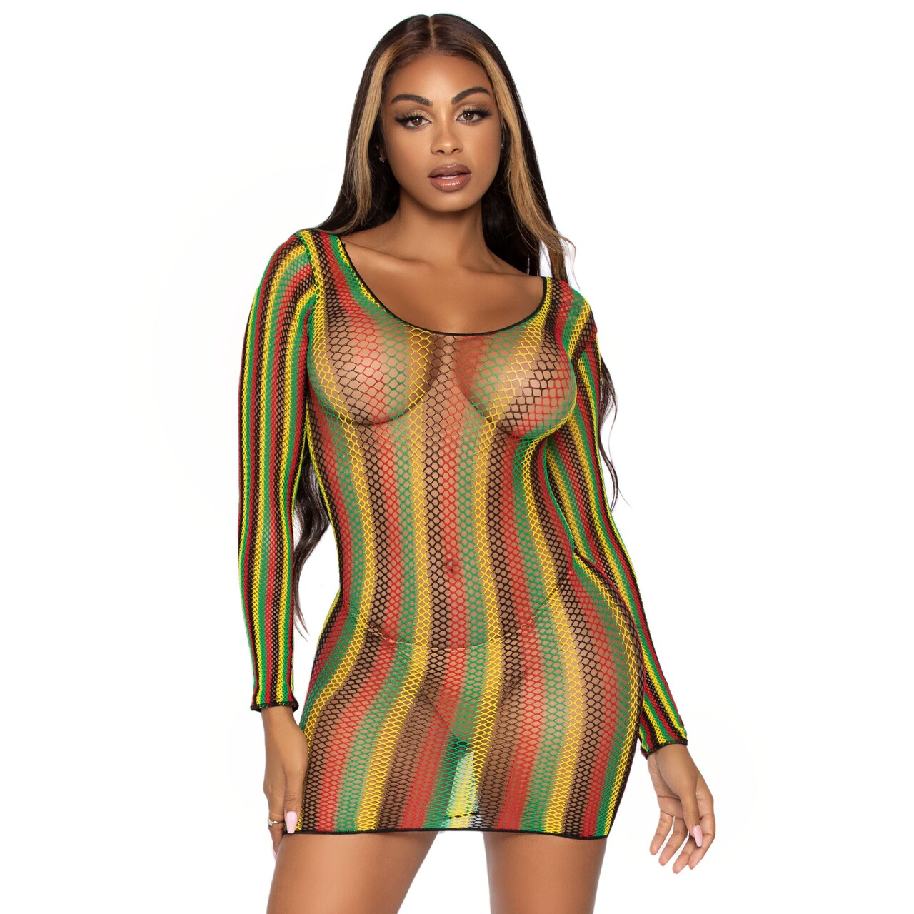 Op deze afbeelding zie je een Kostuums, van het merk Leg Avenue. Rasta Net Long Sleeve Mini Dress Vrouw