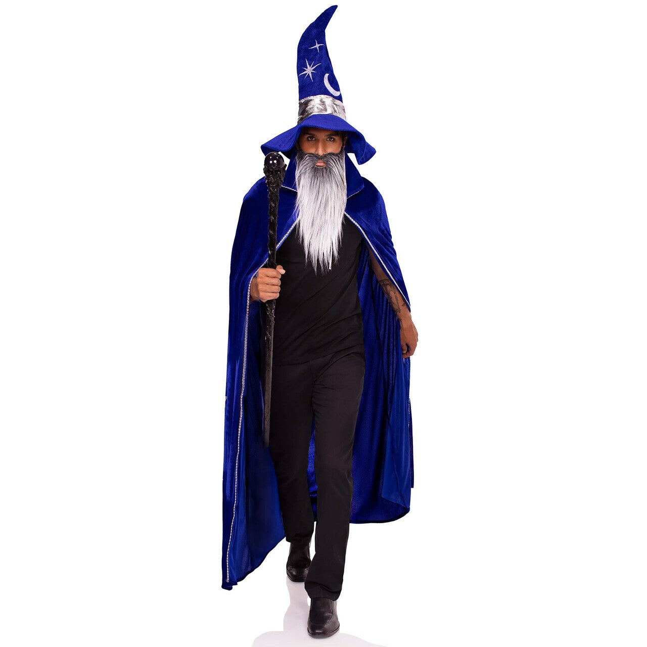 Op deze afbeelding zie je een Kostuums, van het merk Leg Avenue. 3 Pc Wizard Kit, Cape, Hat And Beard Man Kostuum