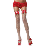 Op deze afbeelding zie je een Accessoires, van het merk Leg Avenue. Witte Net Kousen Met Rode Strik En Verpleegkundige Accent