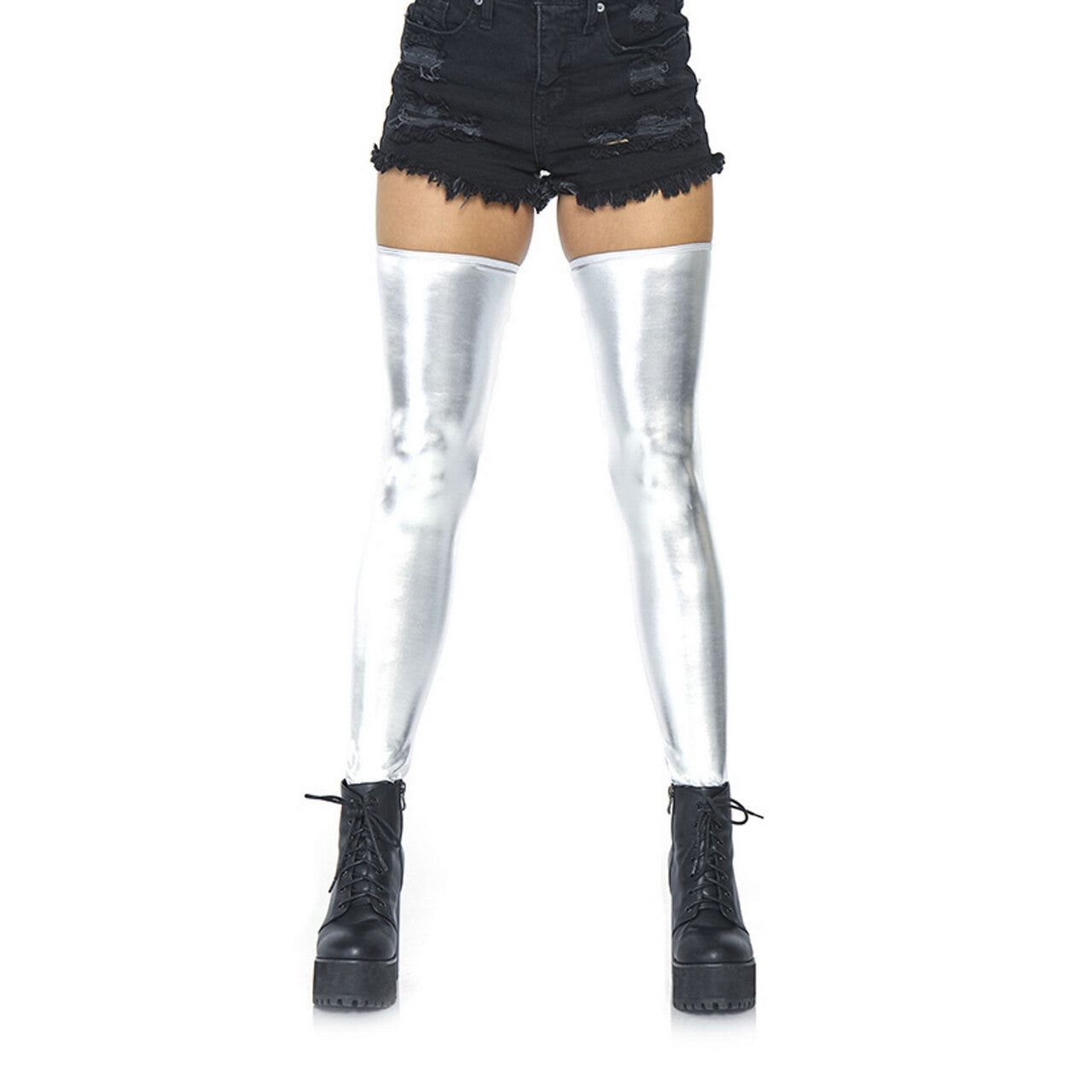 Op deze afbeelding zie je een Accessoires, van het merk Leg Avenue. Glanzend Metallic Zilveren Kousen