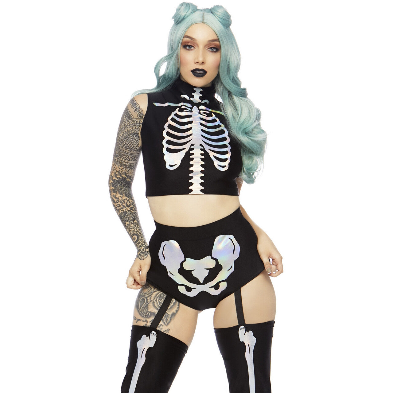 Op deze afbeelding zie je een Kostuums, van het merk Leg Avenue. Heerlijk Holografisch Halloween Skelet Vrouw Kostuum