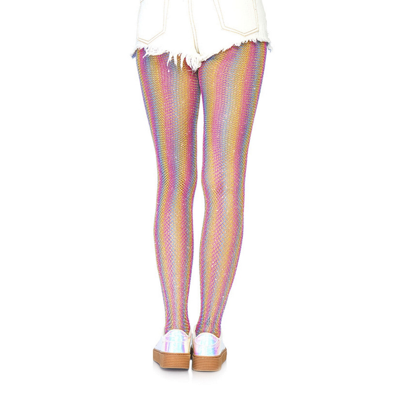 Op deze afbeelding zie je een Accessoires, van het merk Leg Avenue. Glinsterende Regenboog Visnet Panty Roze
