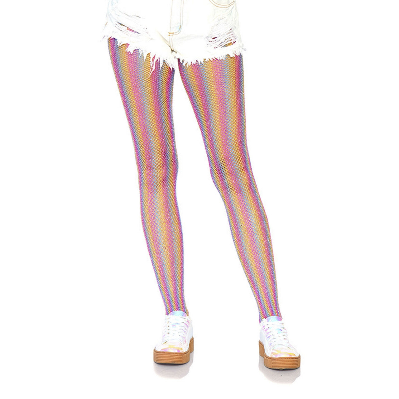 Op deze afbeelding zie je een Accessoires, van het merk Leg Avenue. Glinsterende Regenboog Visnet Panty Roze