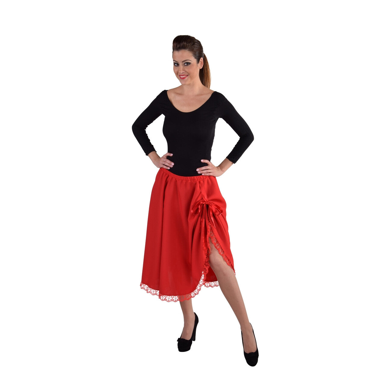 Op deze afbeelding zie je een Kostuums, van het merk Magic By Freddy's. Rumba Cuba Dans Rok Rood Vrouw