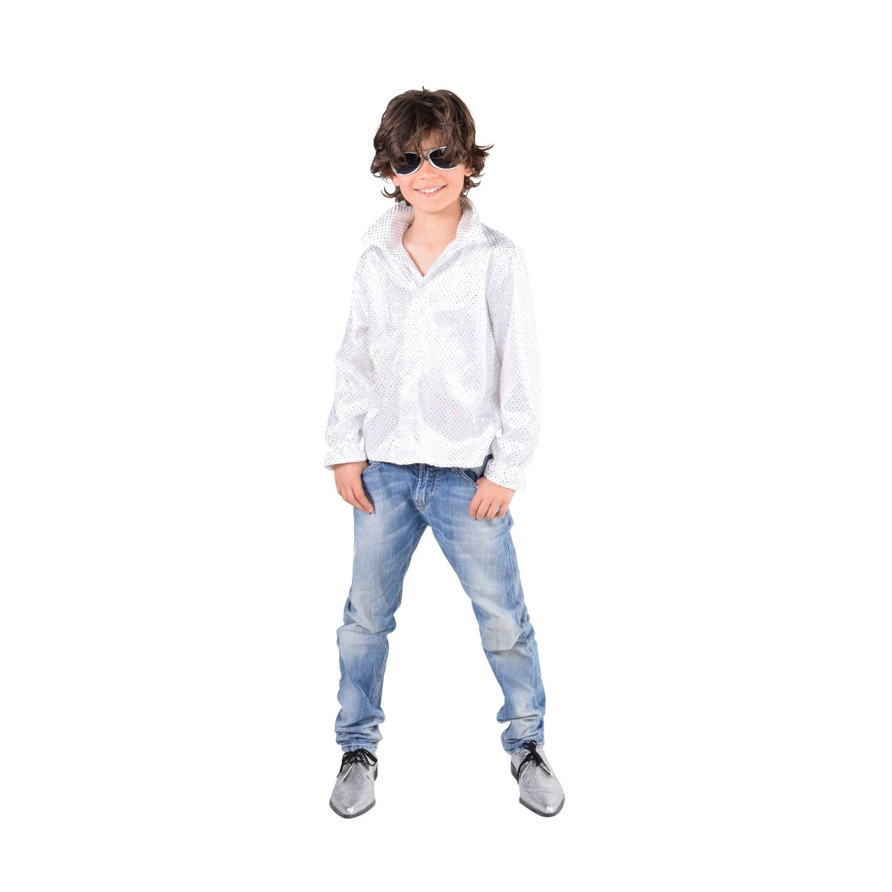 Op deze afbeelding zie je een Kostuums, van het merk Magic By Freddy's. Witte Pailletten Blouse Justin Jongen