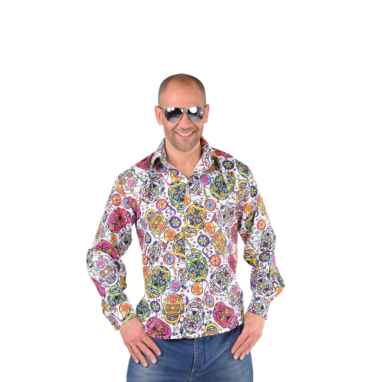 Op deze afbeelding zie je een Kostuums, van het merk Magic By Freddy's. Dia De Los Muertos Hemd Kleurrijke Schedels Man