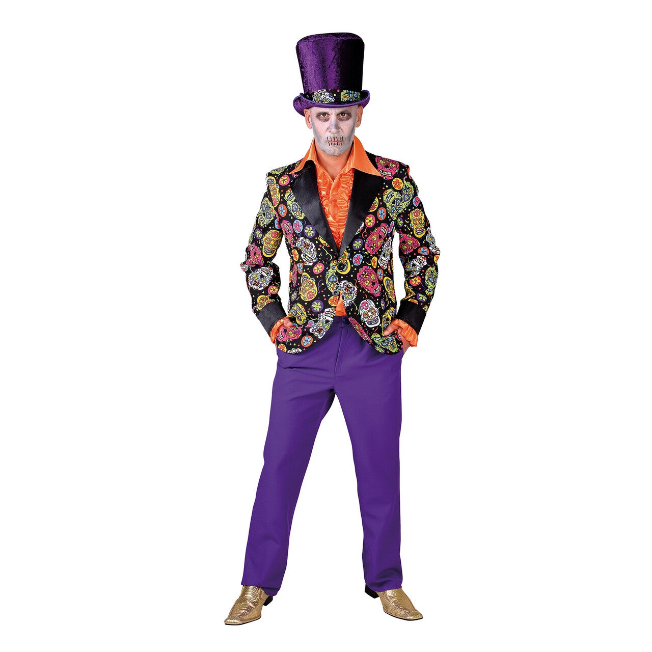 Op deze afbeelding zie je een Kostuums, van het merk Magic By Freddy's. Colbert Vol Grijnzende Schedels Zwart Man