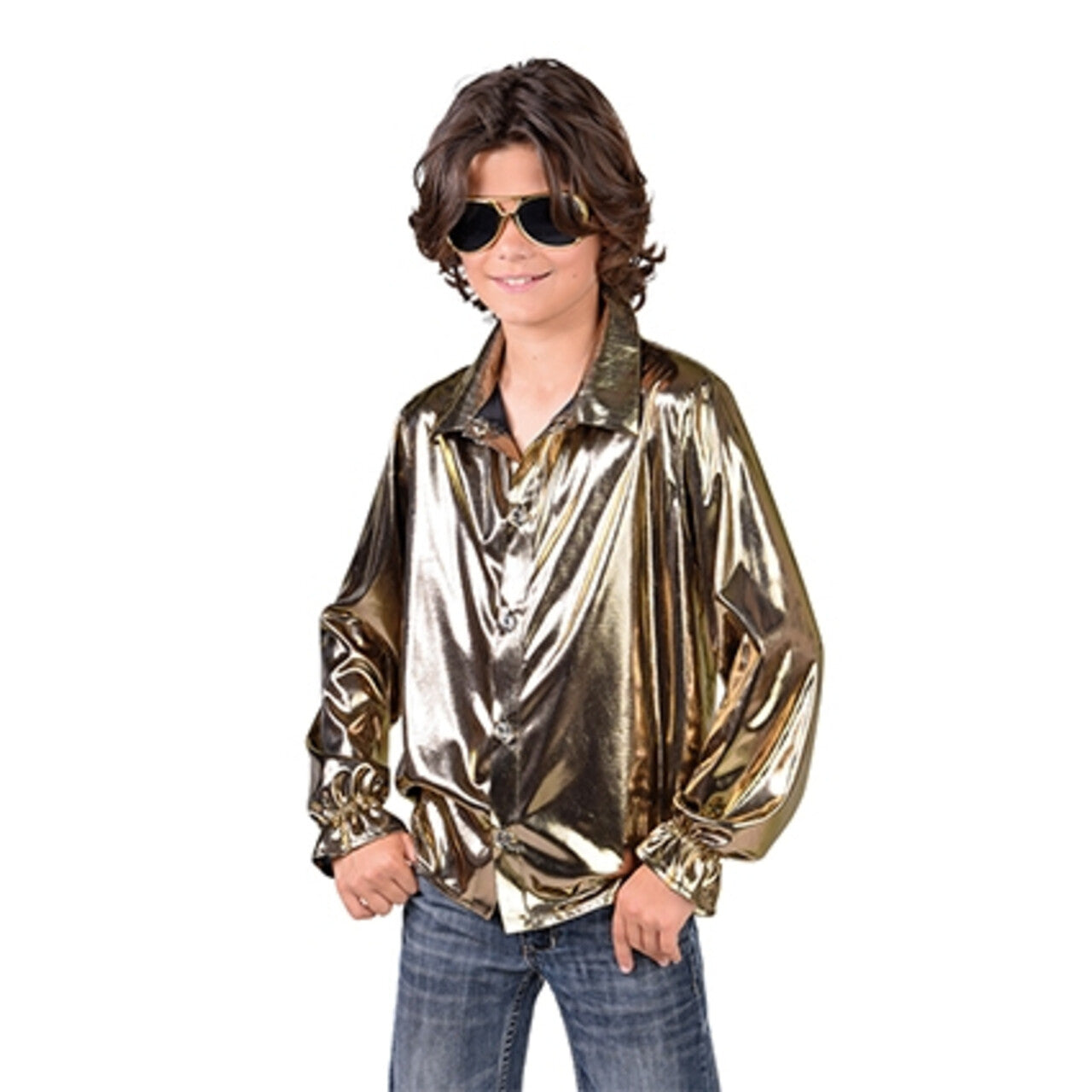 Op deze afbeelding zie je een Kostuums, van het merk Magic By Freddy's. Gouden Glitter Folie Blouse Jongen