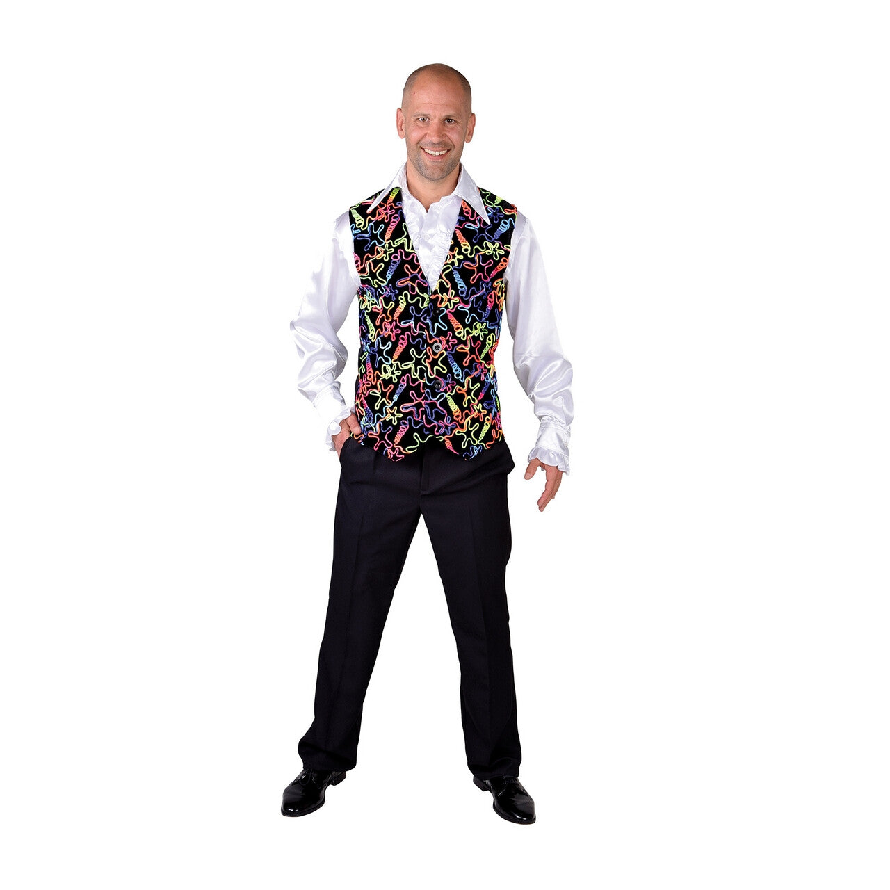 Op deze afbeelding zie je een Kostuums, van het merk Magic By Freddy's. Disco Gilet Zwart Multi Fluor Man